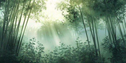 Obraz premium A serene scene of bamboo forest in soft morning light, evoking tranquility