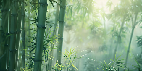 Tranquil bamboo forest under gentle morning sunlight, capturing a serene ambiance