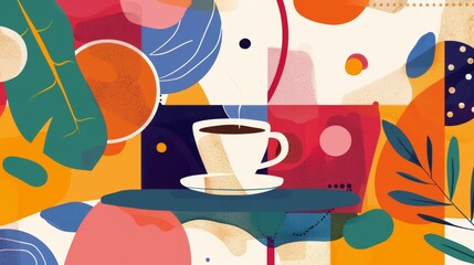 Vibrant colors and abstract shapes in a cute and quirky coffee-themed design  AI generated illustration