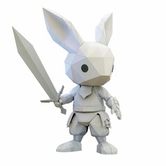 3D Render, Low Poly style of a rabbit knight in light armor with a dagger, on isolated white background, Generative AI