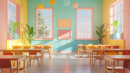 Vibrant colors and pastel tones in a 3D representation of a cute school setting AI generated illustration
