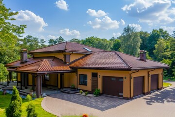 An elegant suburban house boasting a meticulous landscaped garden under the clear blue skies of a pleasant summer day.