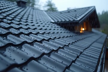 Raindrops glisten on dark tiles of a new roof, with a modern suburban house in the background during rainfall.