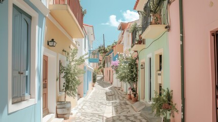Fototapeta premium Visiting a charming village in a cute pastel palette AI generated illustration