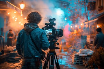 A cinematographer operates a camera on a tripod, capturing a scene outside a house bathed in atmospheric blue light and fog at dusk.