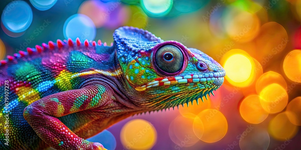 Poster Beautiful multi-colored chameleon against a bright bokeh background, chameleon, colorful, nature, wildlife, reptile, vibrant