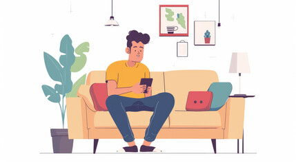 Fototapeta premium Indian guy uses smartphone at home. He texts friends or browses social media.