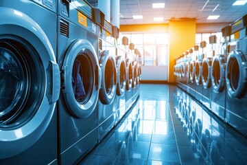 Obraz premium A row of front-loading washing machines lines the interior of a clean and modern urban laundromat.