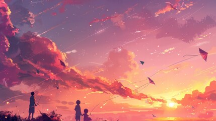 Whimsical characters flying kites in a pink sunset sky  AI generated illustration