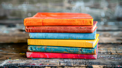 A stack of colorful sketchbooks lies open on a wooden table, revealing the creative journey of an aspiring artist