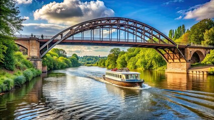 Obraz premium Boat cruising down the river near an arch bridge , boat, river, bridge, water, transportation, travel, scenic