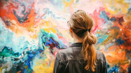 A woman admires a stunning piece of abstract art in a gallery, captivated by the interplay of colors and textures
