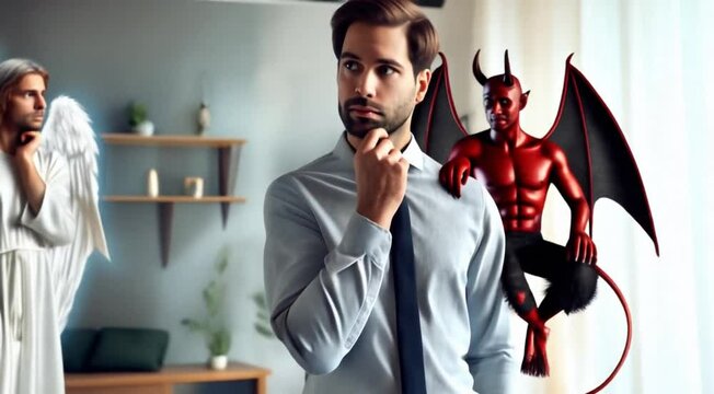 A man in business clothes stands with a thoughtful expression on his face. At the man's right shoulder is a tiny angel with a halo and white wings, and at the man's left shoulder is a small devil with