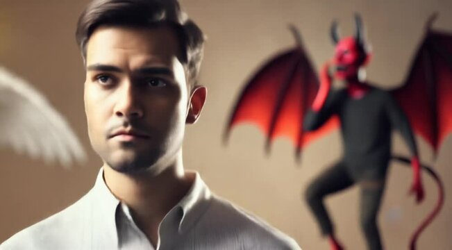 On the man's right shoulder is a small glowing angel with white wings. On his left shoulder he has a small devil with red skin, horns, a tail and wings similar to a bat.