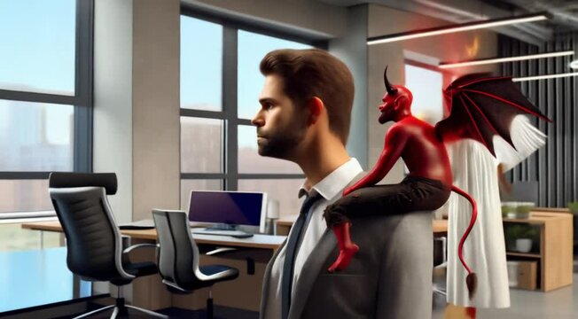 A man in casual business clothes stands with a thoughtful expression on his face. On the person's right shoulder is a tiny angel with a halo and white wings and on the left shoulder is a small devil w