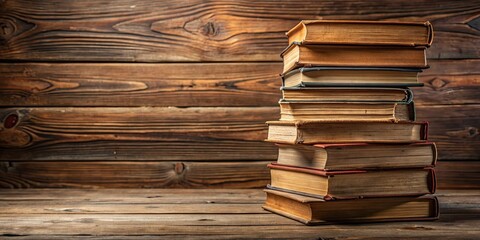 Background with old stacked books on wooden surface, books, education, reading, literature, knowledge, library, learning