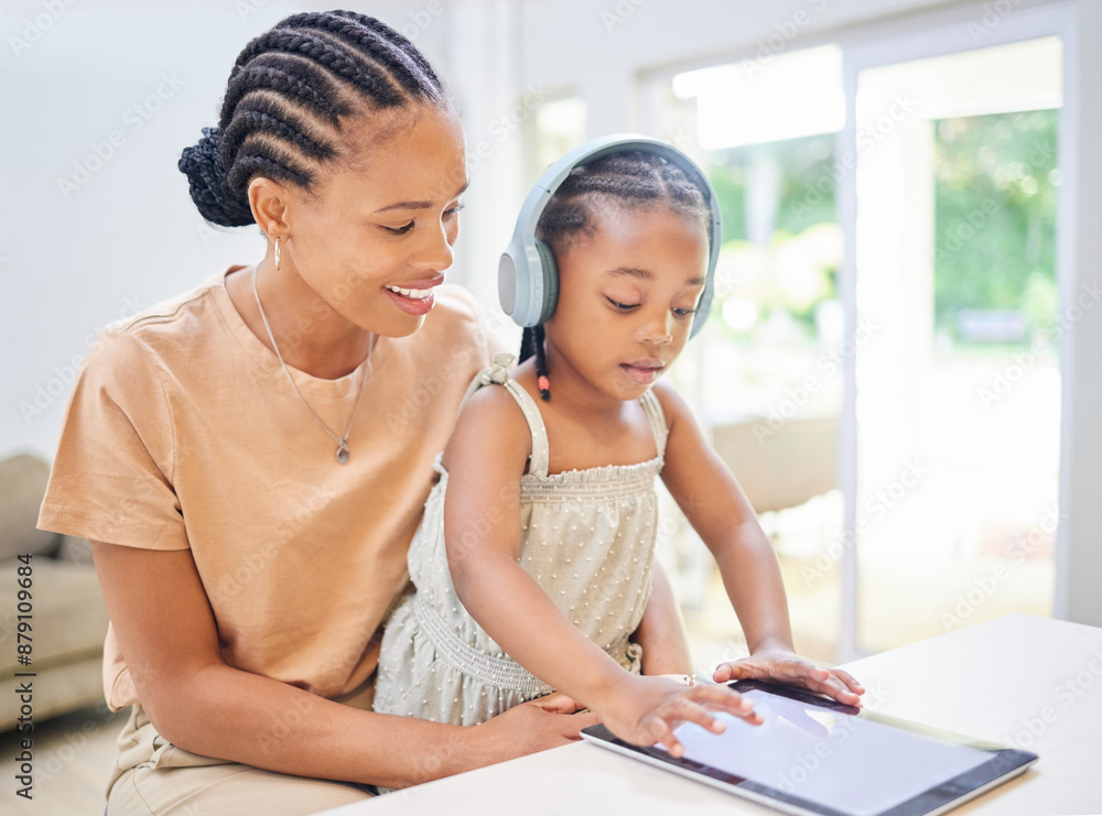 Poster Mom, daughter or tablet with screen in house for video streaming, learning and development with app. Mother, girl child or ebook in African family home for digital education, growth with internet