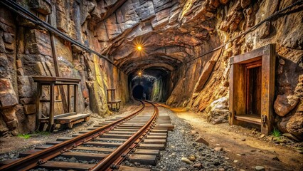 Naklejka premium Chilling abandoned mine with railroad tracks, deep cave walls , abandoned, mine, railway, tracks, depths, earth, craggy