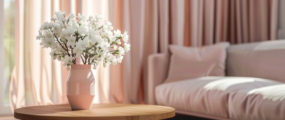 The sofas and wooden tables were decorated with pink vases filled with flowers. This scene exudes elegance and tasteful decoration.