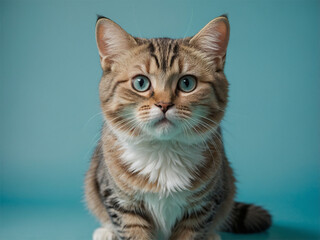Cute gray tabby kitten sitting on white soft blanket. Funny adorable pets cats. Postcard concept. Copy space