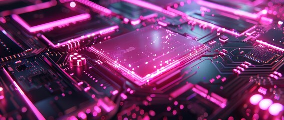 The illuminated microchip layer is bathed in pink light. Showcasing advanced technology and innovation in electronics manufacturing.