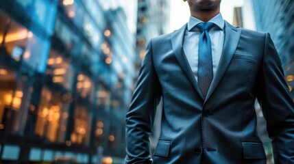 Confident Business Person in Sharp Suit in Urban Business District with Modern Skyscrapers and Natural Daylight