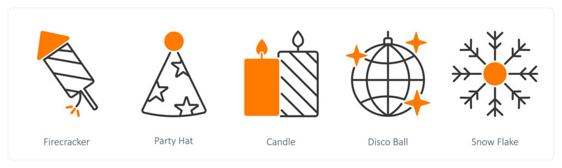 A set of 5 Party and Celebration icons as firecracker, party hat, candle