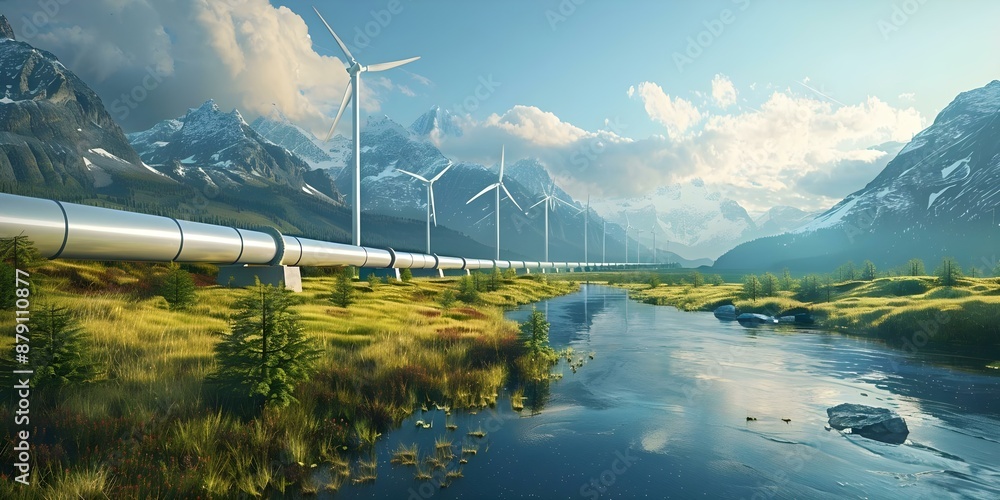 Poster wind turbines with a hydrogen pipeline in the background for sustainable hydrogen production. concep