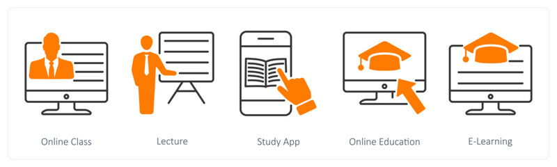 A set of 5 School and Education icons as online class, lecture, study app