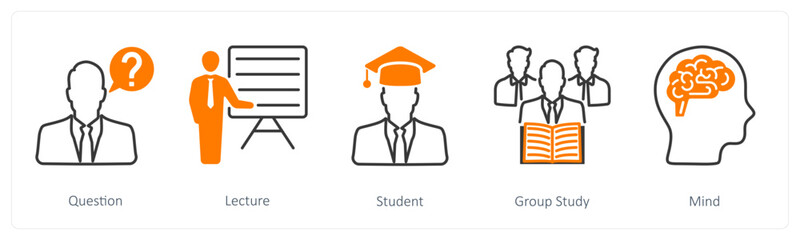 A set of 5 School and Education icons as question, lecture, student