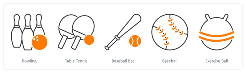 A set of 5 Sports and Fitness icons as bowling, table tennis, basketball bat