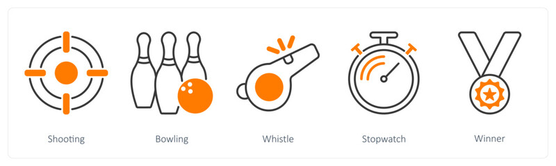 A set of 5 Sports and Fitness icons as shooting, bowling, whistle