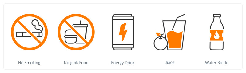 A set of 5 Sports and Fitness icons as no smoking, no junk food, energy drink