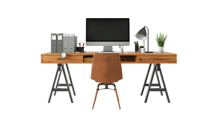 Wooden desk setup with computer and office supplies Isolated on transparent background.