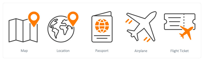 A set of 5 Summer and Travel icons as map, location, passport