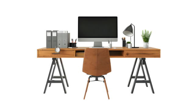 Wooden desk setup with computer and office supplies Isolated on transparent background.