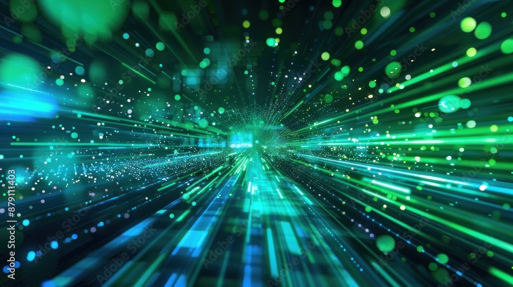 Poster Futuristic glowing green digital cyberspace with glowing particles and fast moving data stream