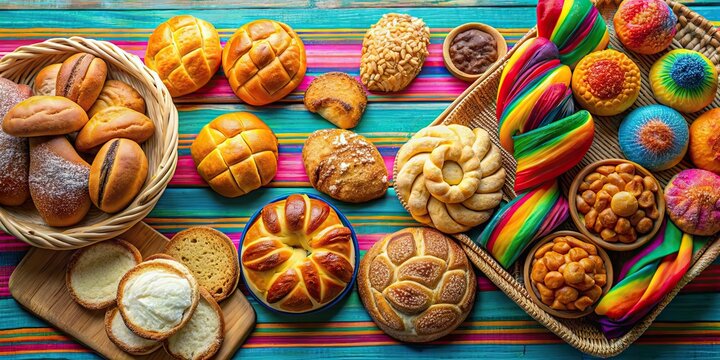 Assorted Mexican sweet bread displayed on a colorful table , Mexican, sweet bread, pan dulce, pastries, dessert