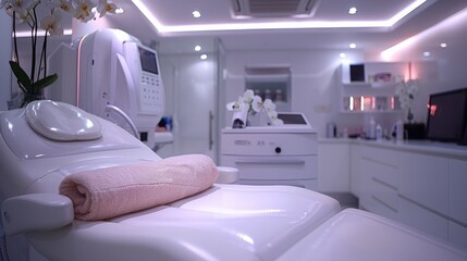 A white treatment room with a pink towel on an examination table, with a variety of medical equipment and a flower arrangement in the background.