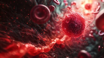 A microscopic view of a cancerous cell in a blood vessel, surrounded by red blood cells.