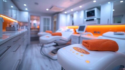 A modern medical spa treatment room with white chairs, orange accents, and a comfortable towel.