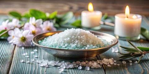 Spa scene with candles and bath salts in a bowl.