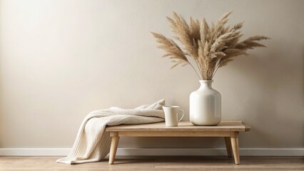 Minimalist room with a bench and dried plants.