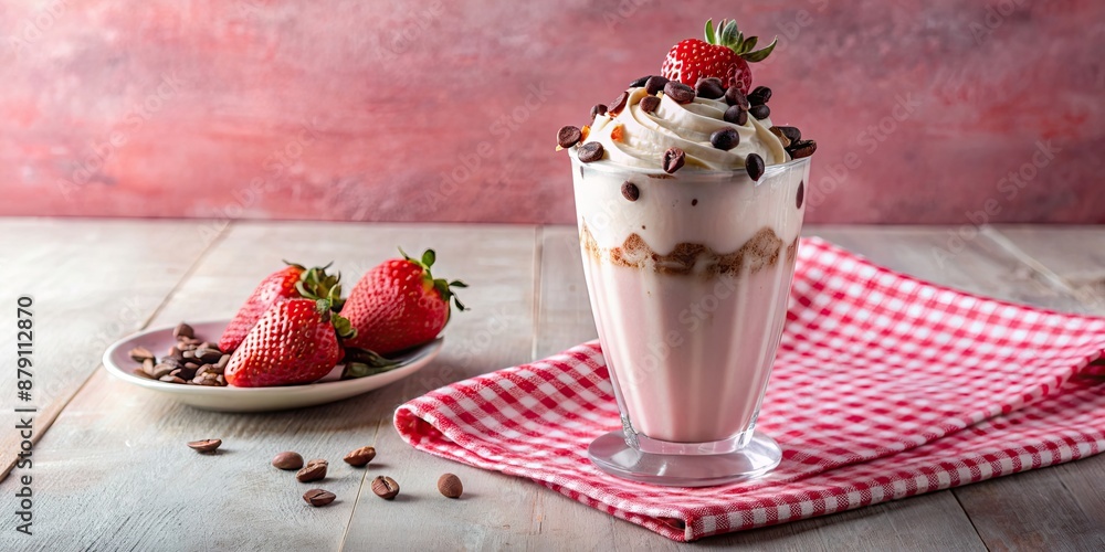 Poster A milkshake cup topped with chocolate chips and strawberry halves on pink napkins, milkshake, cup, chocolate chips