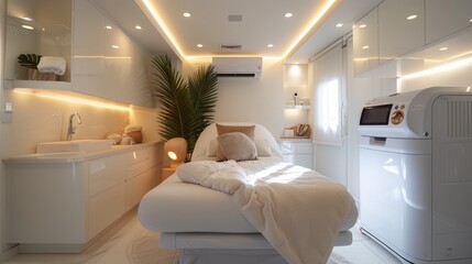 Interior view of a modern, white mobile spa treatment room, featuring a comfortable bed, sink, and stylish design elements.