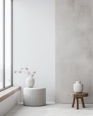 Minimalist living room interiors with plain window lighting, minimal furniture and copy space. Interiors designer composition in neutral colors.