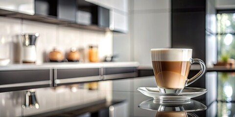 Latte coffee in a glass cup on a kitchen counter.