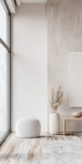 Minimalist living room interiors with plain window lighting, minimal furniture and copy space. Interiors designer composition in neutral colors.