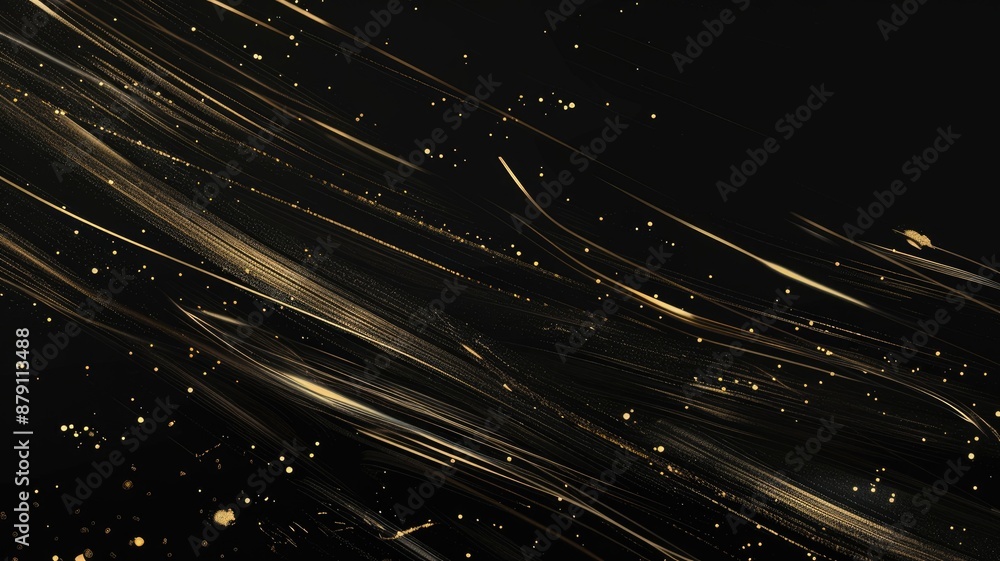 Poster abstract golden and dark wave pattern with glowing particles. digital art design of gold lines and d