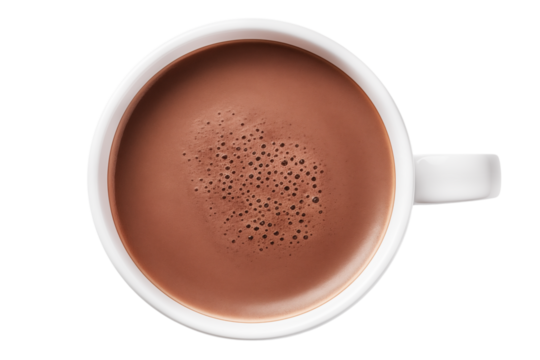 A cup of hot chocolate isolated on transparent background, top view.